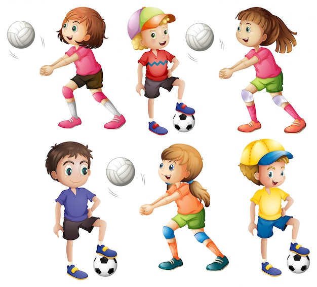 Bambini che giocano a pallavolo e calcio