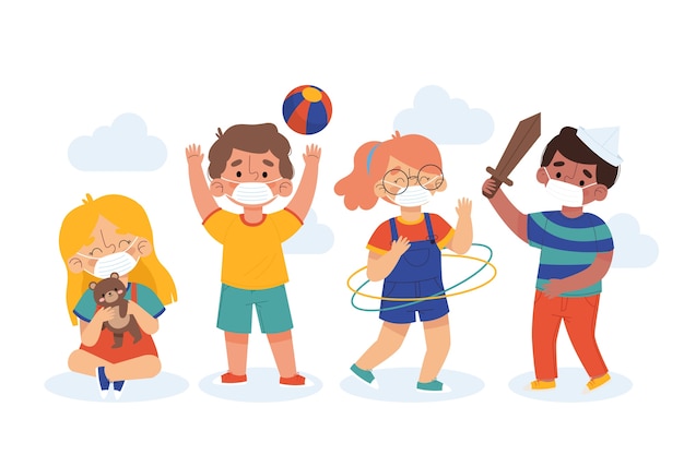 Free vector kids playing and wearing masks