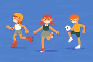 Free vector kids playing wearing medical mask