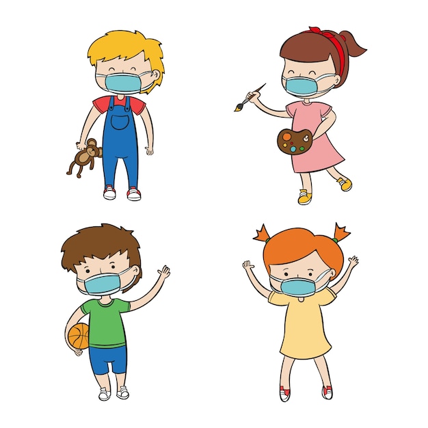 Free vector kids playing wearing medical mask