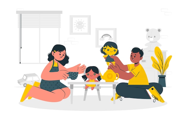 Kids playing with dolls concept illustration