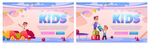 Kids in playroom landing pages set