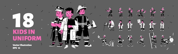 Free vector kids in policeman doctor and firefighter uniform