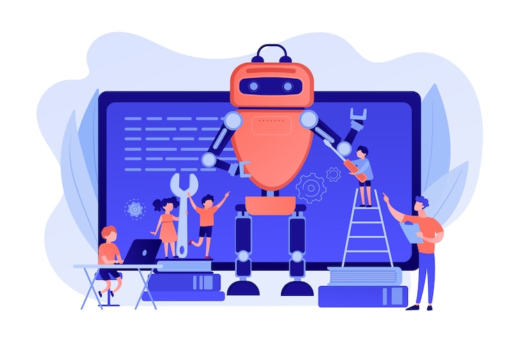 Free Vector kids programming and creating robot at class, tiny people. engineering for kids, learn science activities, early development classes concept. pinkish coral bluevector isolated illustration
