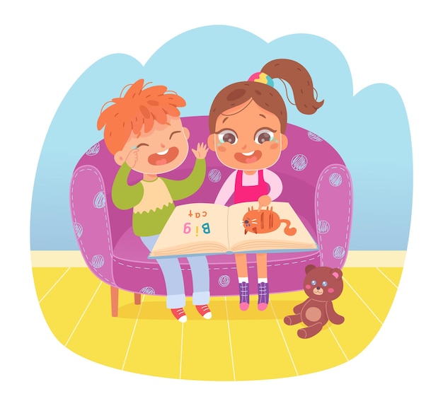 Kids read open story book with laugh cartoon little children sitting in chair together cute boy and girl friends laughing from funny literature from library