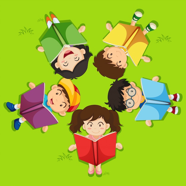 Free vector kids reading book on green grass