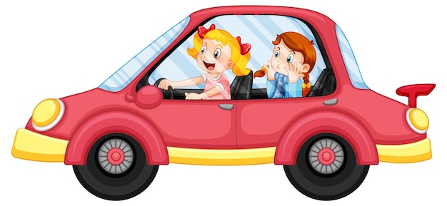 Kids in a red car in cartoon style