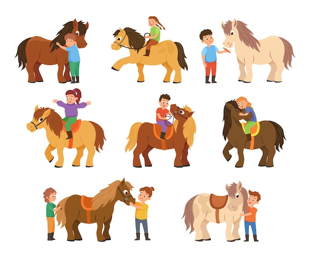 Дети катаются на лошадях. векторные иллюстрации обучения маленького наездника, кормления или ухода за милым коричневым пони. мультяшные молодые наездники с сельскохозяйственными животными, изолированными на белом. верховая езда, спортивная концепция