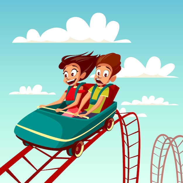 Kids on rollercoaster rides. Boy and girl riding fast on rollercoaster.