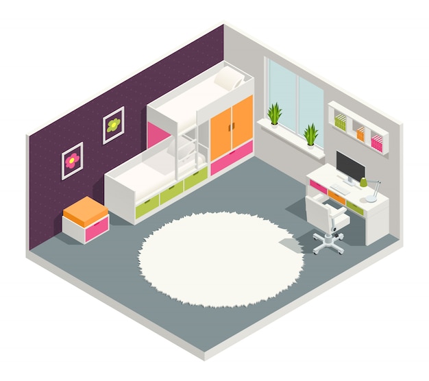 Free vector kids room isometric composition with bed desk and carpet