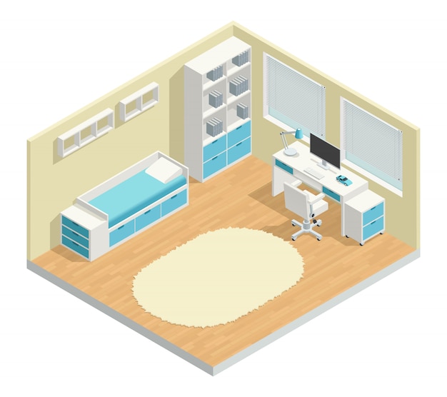 Free vector kids room isometric composition with computer chair and lamp