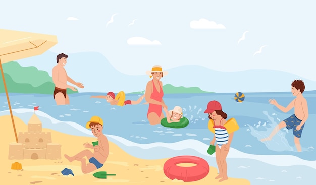무료 벡터 부모의 감독 벡터 삽화 아래 풍선 도구를 사용하여 수영하는 어린이와 함께 수중 평면 구성의 어린이 안전