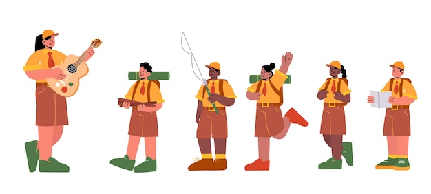 Free vector kids scouts in uniform and woman teacher