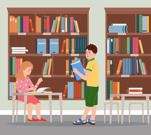 Free vector kids services flat composition with children in library vector illustration