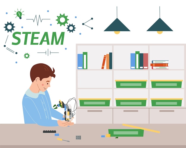 Free vector kids services flat concept with boy during steam education process vector illustration