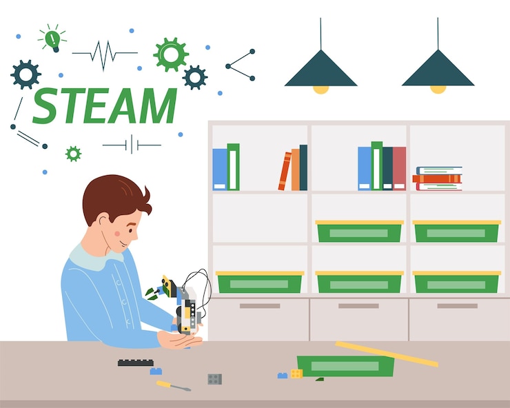 Free Vector kids services flat concept with boy during steam education process vector illustration