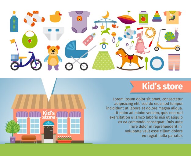 Kids shop. Childrens clothing and toys. Retail and snail, whirligig and socks, rattle and pacifier, stroller and bear.