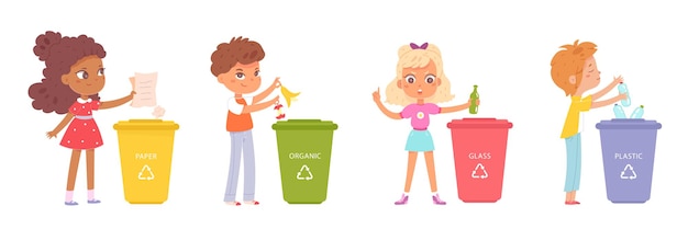 Bambini che smistano i rifiuti nei bidoni della spazzatura con i segni di riciclo impostano l'illustrazione personaggio dei cartoni animati del ragazzo della ragazza del bambino che raccoglie i rifiuti per il riciclaggio i bambini imparano a smistare i rifiuti per proteggere l'ambiente