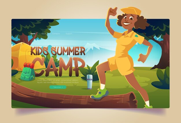 キッズサマーキャンプの漫画のランディングページ、テント、魔法瓶、バックパックを備えたハイキングフォレストキャンプでのボーイスカウトの制服を着た陽気なカウンセラー。夏休み、ハイキング活動、ベクトルのwebバナー