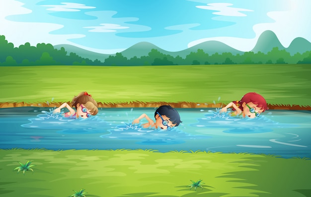 Kids Swimming In River