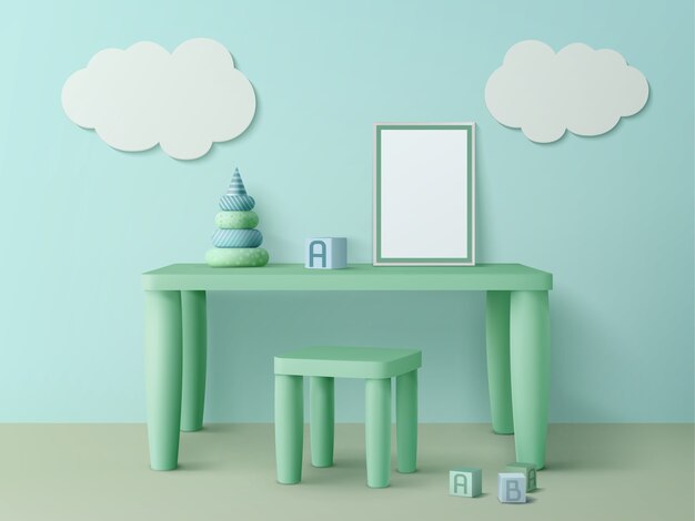kids table with poster mockup, chair, toy cubes, pyramid and cloud decoration on wall