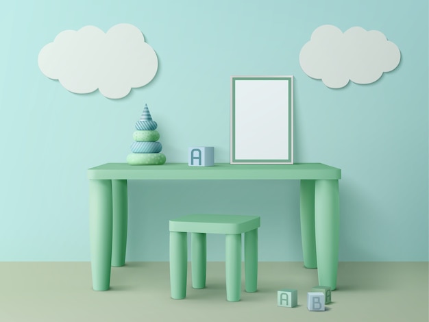 kids table with poster mockup, chair, toy cubes, pyramid and cloud decoration on wall