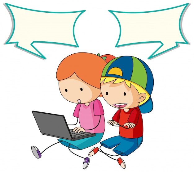 Free vector kids talking with computer and speech bubble