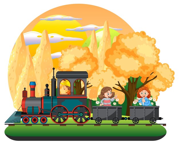 자연 풍경이 있는 기차 안의 아이들