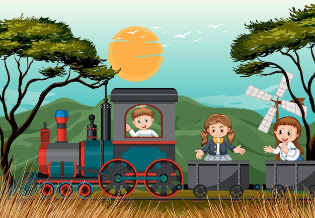 Free vector a kids in a train with natural scene