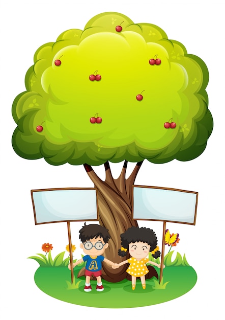 Free vector kids under the tree with empty signboards