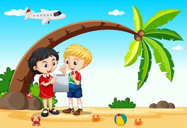 Bambini che utilizzano tablet durante il viaggio con spiaggia e sfondo aereo