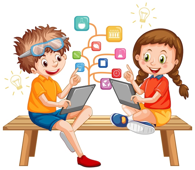 Бесплатное векторное изображение Дети с помощью планшета с иконками образования