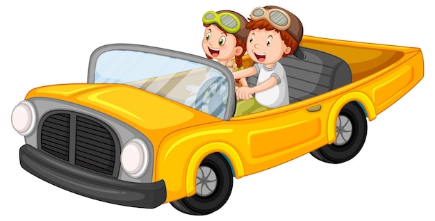 Kids in vintage car in cartoon design