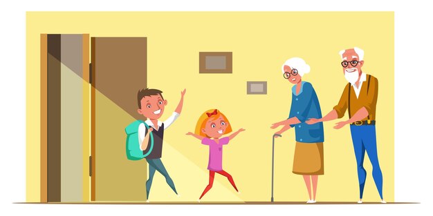 子供が祖父母のイラストを訪ねる先輩が小さな子供を歓迎する