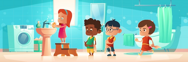 Free vector kids washing hands stand in queue at home bathroom