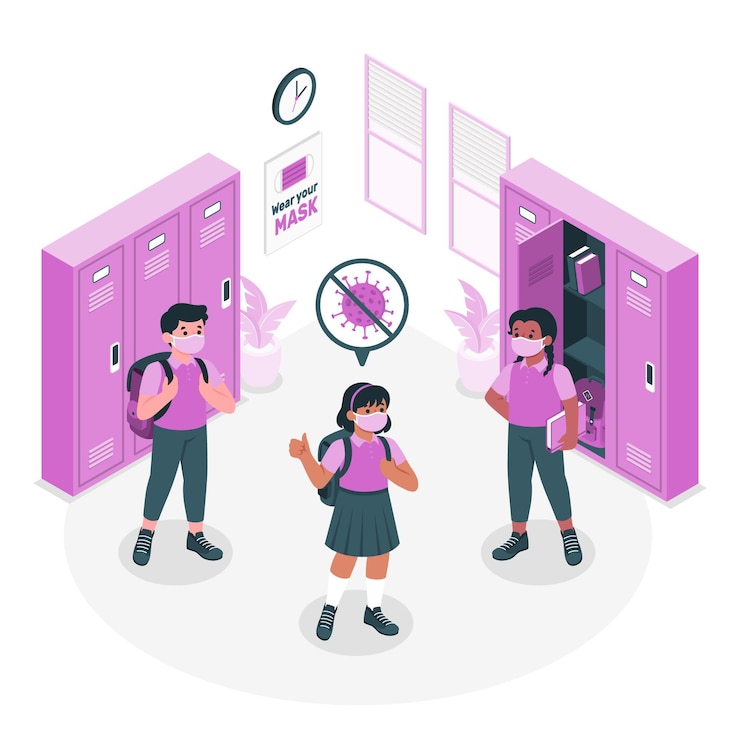 Free Vector kids wearing masks at school concept illustration