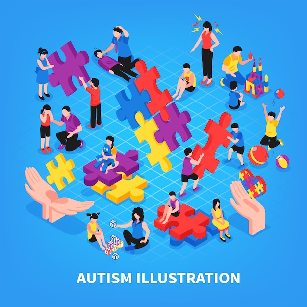 Kids with autism during game communication with parents learning and friendship on blue isometric illustration