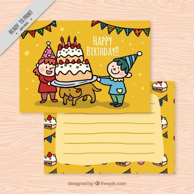 Free vector kids with birthday cake and dog