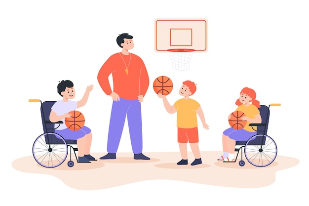 Vettore gratuito bambini con disabilità fisica e insegnante che giocano a basket