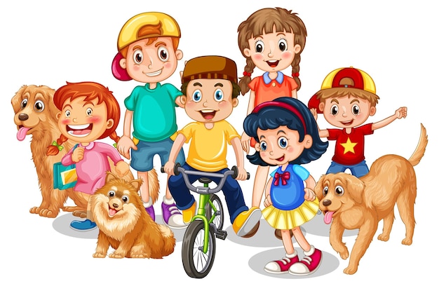 Kids with their dogs on white background