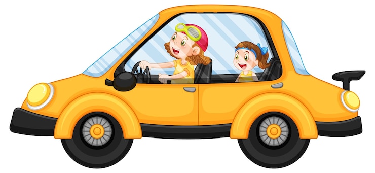 Free Vector kids in a yellow car in cartoon style