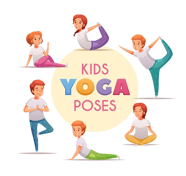 Concetto di yoga per bambini con pose di yoga per ragazzi e ragazze simboli fumetto illustrazione vettoriale