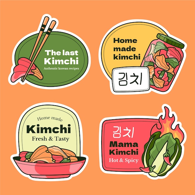 Vettore gratuito set di etichette per alimenti kimchi