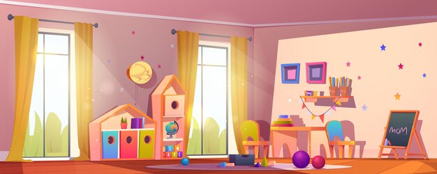 幼稚園の教室や保育園の遊び場の漫画の背景 子供用の絵の板とテーブルの家具 幼稚園のデイケアのインテリアイラスト 可愛い幼児のベビーレクリエーションスペースの絵