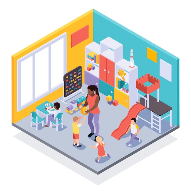 Kindergarten classroom playful learning environment interior isometric view with children moving around playing with teacher