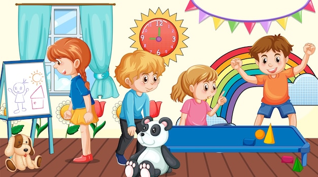 Kindergarten classroom scene with children