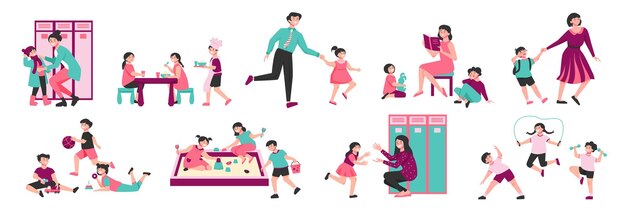 Kindergarten color set with isolated icons of playing kids with nursery teacher sandpit and locker cabinets vector illustration