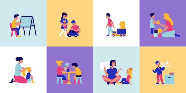 Free vector kindergarten design concept with set of square compositions with kids characters playing with toys and nanny illustration