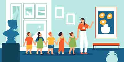 Free vector kindergarten or elementary school children visiting museum listening to their teacher flat vector illustration