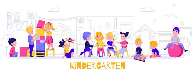 幼稚園のゲーム作品の水平方向の構図、家具のシルエット、教師と子供たちとの屋外の風景